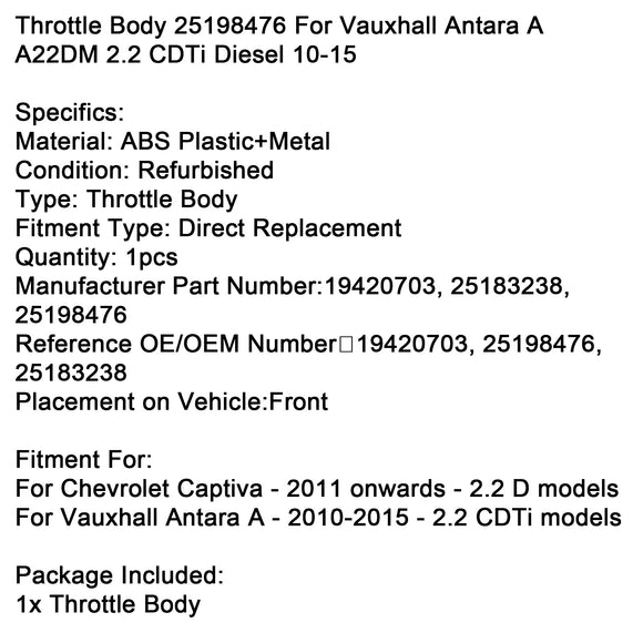 Throttle Body 25198476 For Vauxhall Antara A A22DM 2.2 CDTi Diesel 10-15