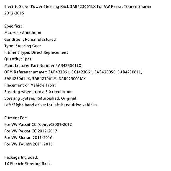 Electric Servo Power Steering Rack 3AB423061LX For VW Passat Touran Sharan 12-15