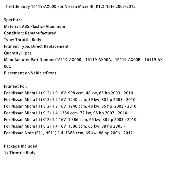 Throttle Body 16119-AX000 For Nissan Micra III (K12) Note 2003-2012