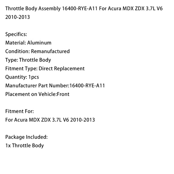 Throttle Body Assembly 16400-RYE-A11 For Acura MDX ZDX 3.7L V6 2010-2013