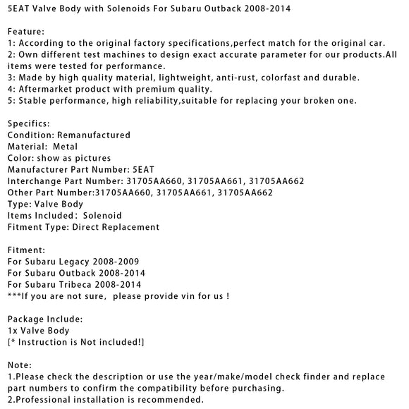 Subaru Tribeca 2008-2014 5EAT Valve Body With Solenoids
