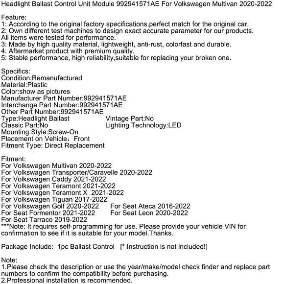 Seat Formentor 2021-2022 Headlight Ballast Control Unit Module 992941571AE