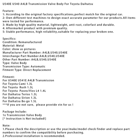 Toyota Paseo/Vios L4 1.4L U540E U540 A4LB Transmission Valve Body