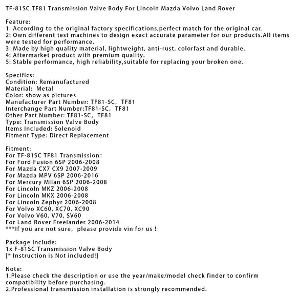 Mazda MPV 6SP 2006-2016 TF-81SC TF81 Transmission Valve Body