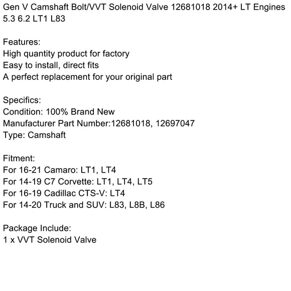 Gen V Camshaft Bolt/VVT Solenoid Valve 12681018 2014+ LT Engines 5.3 6.2 LT1 L83
