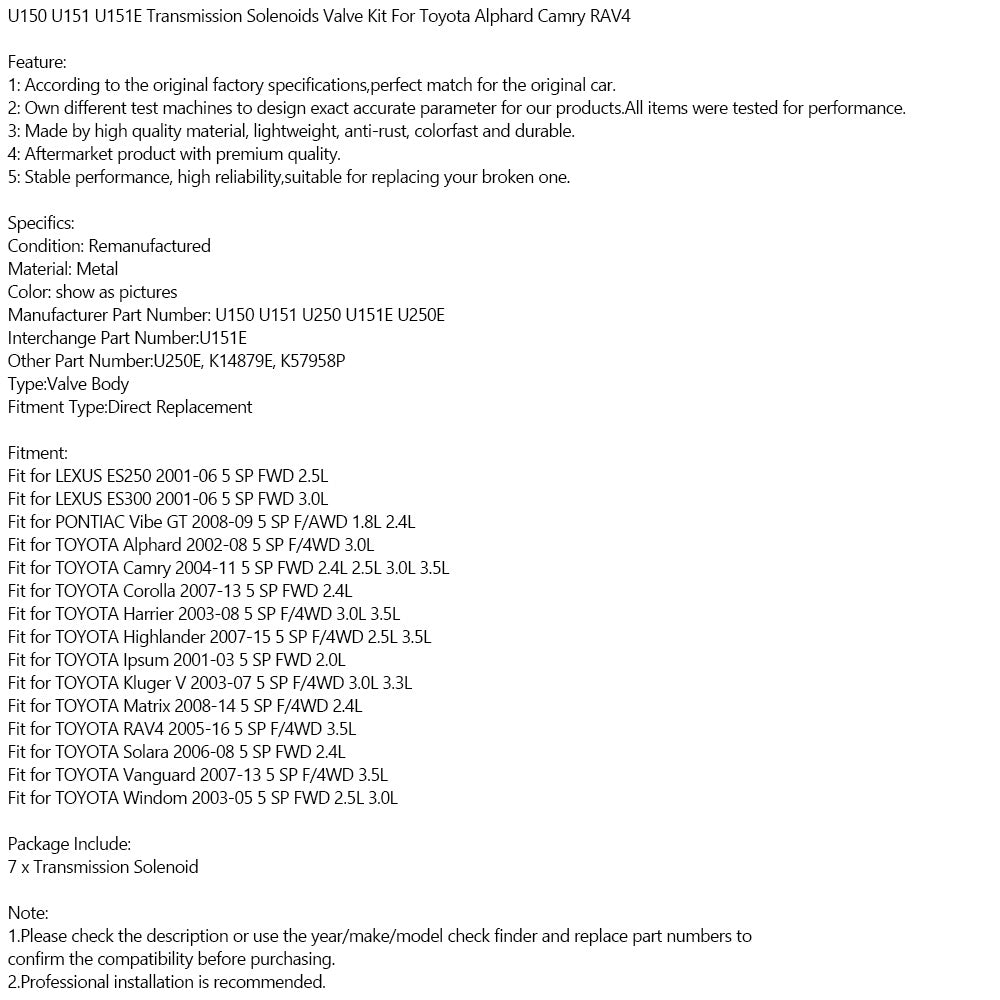 Supercarpart 2005-2016 TOYOTA RAV4 5 SP F/4WD 3.5L U150 U151 U151E Transmission Solenoids Valve Kit Generic