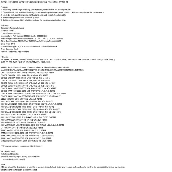 2010-2016 RAM 2500-3500 5 SP R/4WD V8 4.7L 5.7L 5-45RFE Solenoid Block Filter Kit 68002342AD 68002342AF Generic